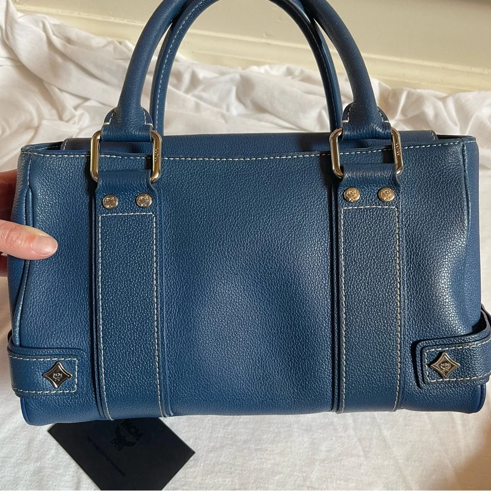 MCM Navy Blue Leather Boston Handbag Small Silver Hardware COA - Picture 7 of 11